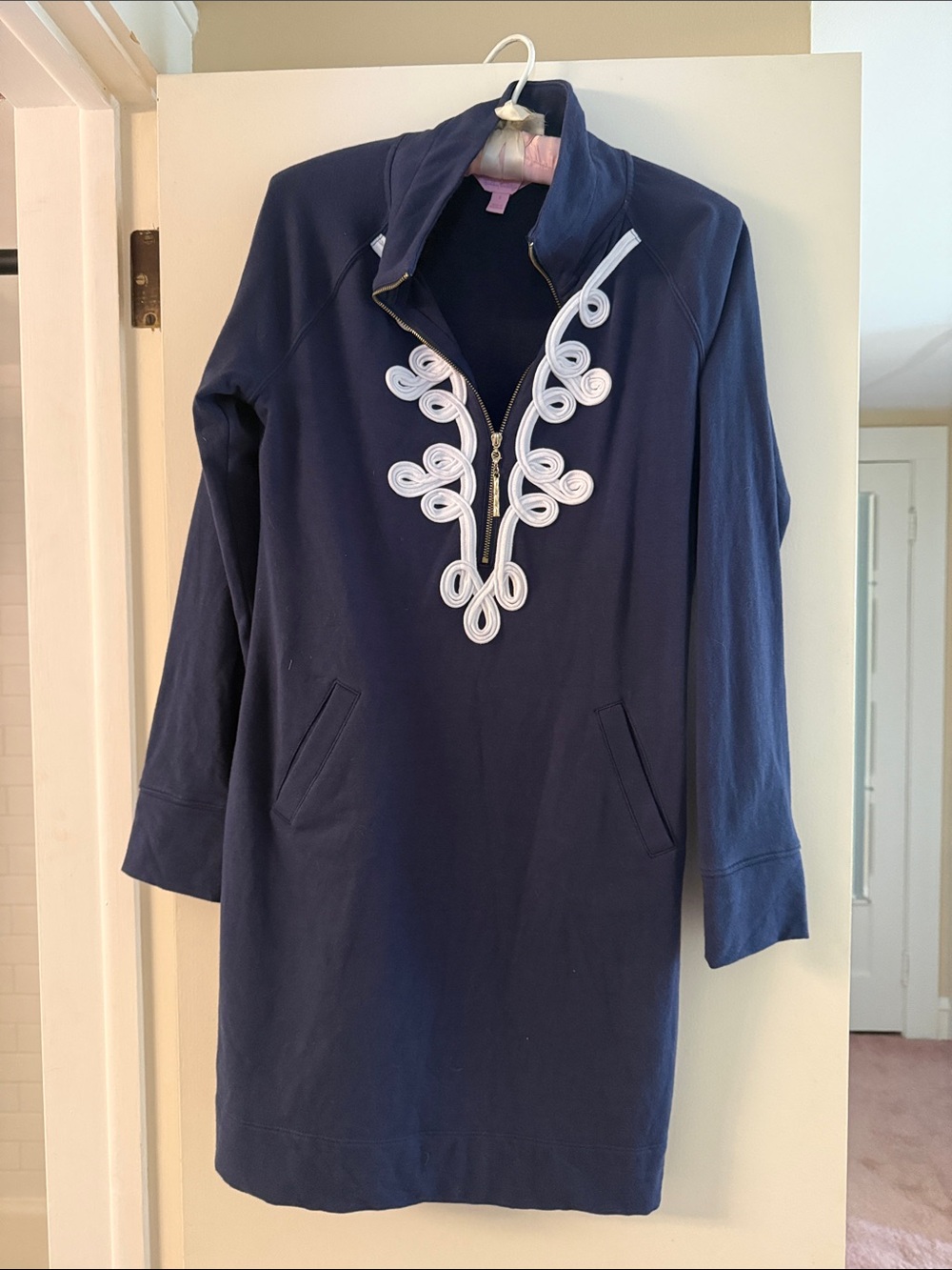 Navy Embroidered Pullover Dress with White Trim